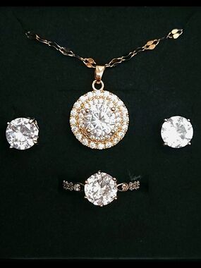 18K Gold Plated Sterling Silver Double Halo Pendant And Jewelry Set